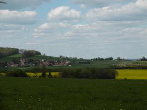 a green field with a town in the distance at Ferienhof mit Bergblick in Löbau