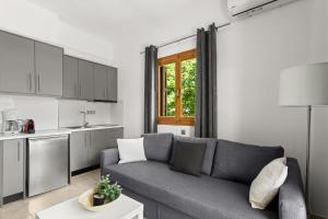 a living room with a gray couch and a kitchen at Dimitra's Studios in Stoupa