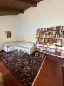 a living room with a couch and a table and books at Apartment in erster Seelinie in Morcote in Morcote