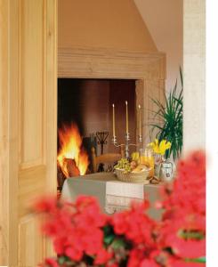 a living room with a fireplace and a table with red flowers at Villa Busta Hotel in Montebelluna