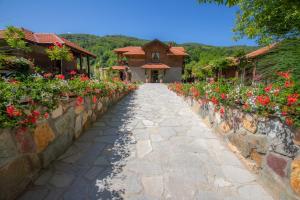 a stone path in front of a house with flowers at Etno Selo Svodje in Vlasotince