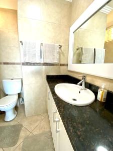 een badkamer met een wastafel, een toilet en een spiegel bij Sea View Luxury Penthouse in Ballito
