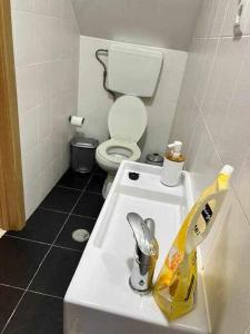 a bathroom with a white sink and a toilet at Casa de Santa Maria 113 in Castelo Branco