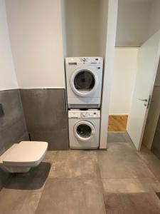 uma casa de banho com uma máquina de lavar roupa e um WC em Loft in bester Lage em Landau in der Pfalz
