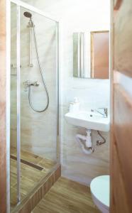 a bathroom with a shower and a sink at Willa Mysliwska in Krynica Morska