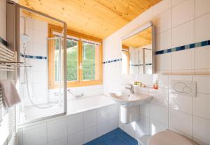 a bathroom with a sink and a tub and a toilet at Chalet Stella Duplex Penthouse in Wengen