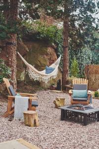 a hammock and chairs in a yard with trees at Hidden Orchard in Chester