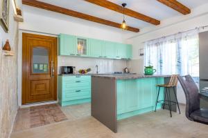a kitchen with mint green cabinets and a counter at APARTMENT AMELIA VRPOLJE in Vrpolje