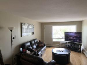 a living room with a leather couch and a flat screen tv at Chris Cozy Condo Lebay Regina in Regina