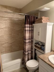 a bathroom with a toilet and a tub and a sink at Chris Cozy Condo Lebay Regina in Regina +33 photos