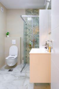 a bathroom with a toilet and a shower and a sink at Apartman GREEN in Brčko