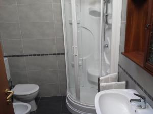 La salle de bains est pourvue d'une douche, de toilettes et d'un lavabo. dans l'établissement Farmstay Alloggio Cort di Branc, à Povoletto