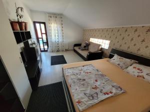 mały pokój z łóżkiem i kanapą w obiekcie TEI House w mieście Năvodari