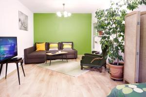a living room with a couch and a tv at Lovely Garden Flat near Royal Park in Warsaw