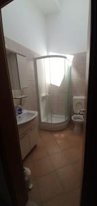 La salle de bains est pourvue d'une douche, d'un lavabo et de toilettes. dans l'établissement Apartmani Ratka, à Zaton