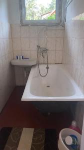 a bathroom with a tub and a sink and a toilet at The Dacha apartment in Jūrmala