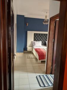 a bedroom with a bed and a blue wall at Appart meublés Yaounde in Yaoundé