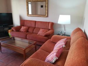 ein Wohnzimmer mit einem Sofa und einem TV in der Unterkunft Vivienda adosada , con merendero en Carcedo in Carcedo de Burgos