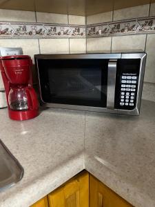 un microondas en la encimera de la cocina con licuadora roja en Departamento Irene, en San Felipe