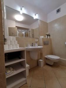 Un baño con lavabo, inodoro y espejo. en Apartament Morski MALOVES, en Władysławowo