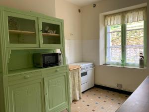 cocina con armarios verdes y microondas en Treignac Tourelles, en Treignac