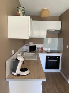 エーグ・モルトにある11 le tadorneの白いキャビネットとカウンターのミキサー付きのキッチン +11枚の写真