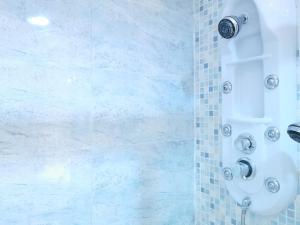 a bathroom with a shower with blue tiles at Apartamento Playa Victoria in Cádiz