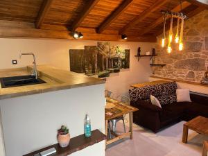 a kitchen and living room with a couch and a sink at Suleiro de Xusto in Carnota