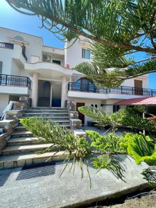 a house with stairs and palm trees in front of it at Tranquil Apartments in Naxos Chora