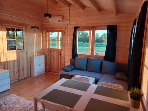 a living room with a couch and a table at Domki nad stawem in Sambród
