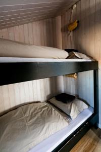 two bunk beds in a wooden walled room at Ocean Break Cabins in Sandgerði