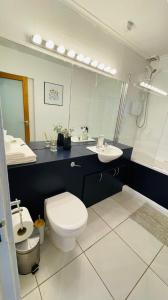 a bathroom with a toilet and a sink and a mirror at Modern City Centre House in Galway +7 photos