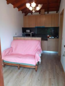 una camera da letto con un letto rosa in una stanza di Casa de Santa Luzia A a Vila Praia de Âncora