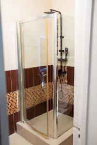 a shower with a glass door in a bathroom at Timeless Apartment and Bar in Lagos