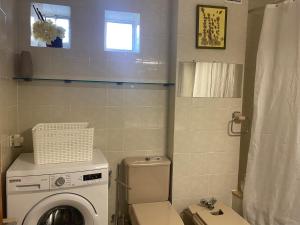 a bathroom with a toilet and a washing machine at Minâ in Taramundi
