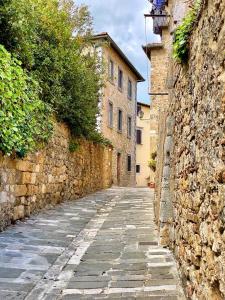 聖奎里科－多爾恰的住宿－Dimora del Poggio a San Quirico d’Orcia，老石头建筑中的一条小巷