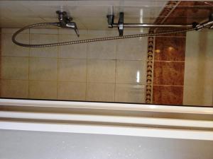 a shower with a shower head in a bathroom at Palangos Dailė in Palanga