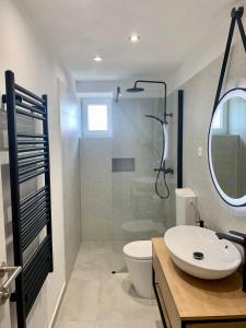 a bathroom with a toilet and a sink and a shower at Sea View Apartment - first row to the beach in Zubovići