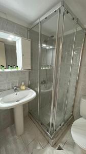 La salle de bains est pourvue d'une douche, d'un lavabo et de toilettes. dans l'établissement Brother's House, à Kallithéa Halkidikis