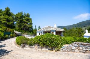 une maison sur le flanc d'une colline avec un mur en pierre dans l'établissement Casa Gaia, à Panormos Skopelos