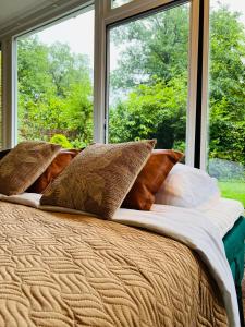 a bed with pillows in front of a window at Boshuisje La Casita - Near Wellness & Golf in Oosterhout +31 photos