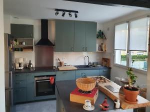 une cuisine avec des placards verts et un comptoir dans l'établissement Maison Zen proche circuit, au Mans