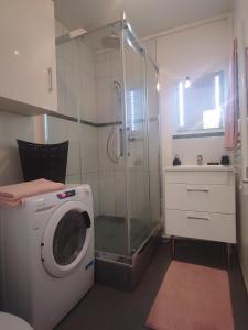 a bathroom with a shower and a washing machine at Chic et moderne+Wifi+Netflix in Argenteuil