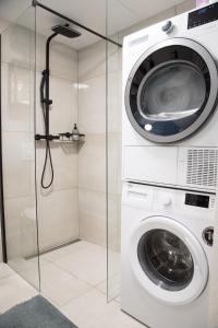 uma máquina de lavar roupa na casa de banho com um chuveiro em Apartma Licko em Domžale