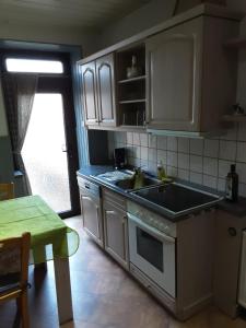 een keuken met een wastafel en een fornuis bij Haus Helena Dreiländerappartment in Zittau