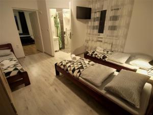 a bedroom with two beds and a television in it at Chmarnik 693-702-076 in Polańczyk