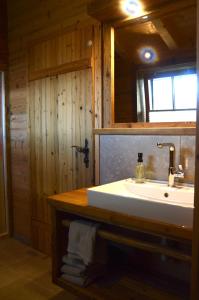 een badkamer met een wastafel en een spiegel bij Chalet Bergliebe in Brilon