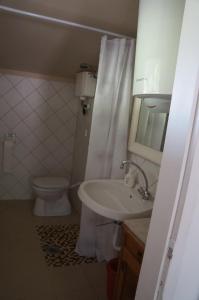 biała łazienka z toaletą i umywalką w obiekcie Badacsony Vendégház w mieście Badacsonytördemic