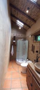 a bathroom with a shower and a toilet at Hacienda Mawaka in Ráquira