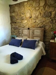 a bedroom with a large bed with blue pillows at Casa Nani in Benaocaz